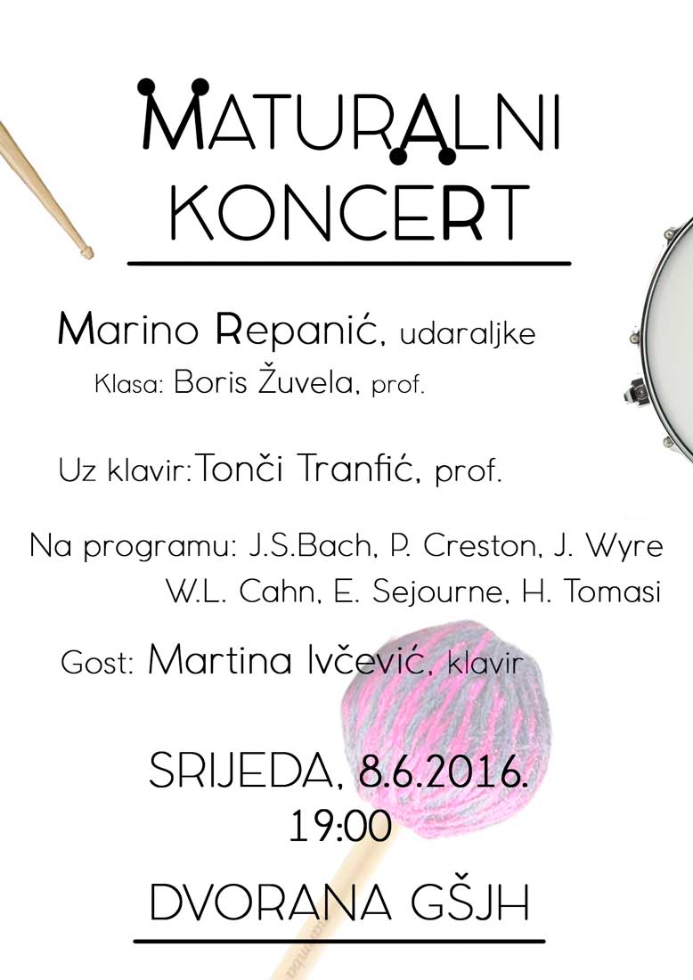 Plakat za maturalni koncert Marina Repanića, udaraljke, u GŠ Josipa Hatzea
