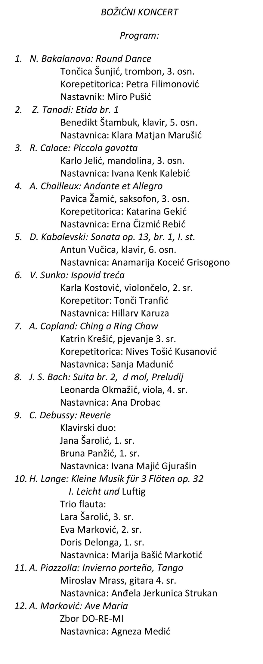 Program Božićnog koncerta